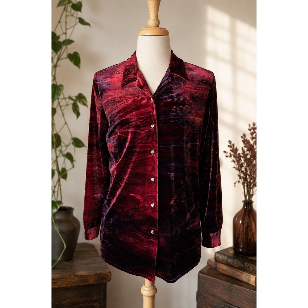 Vintage Burgundy Crushed Velvet Shirt Jacket Whimsigoth Goth Oversized XL